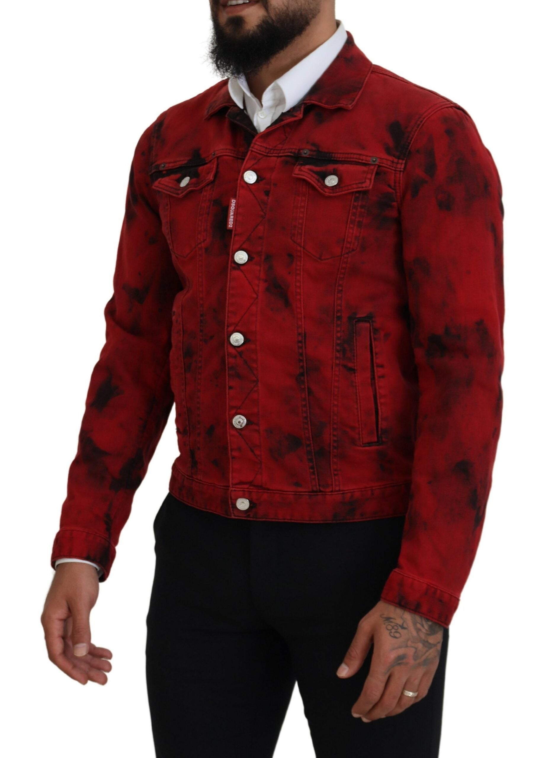 Dsquared² Red Black Tie Dye Collared Men Denim Jacket