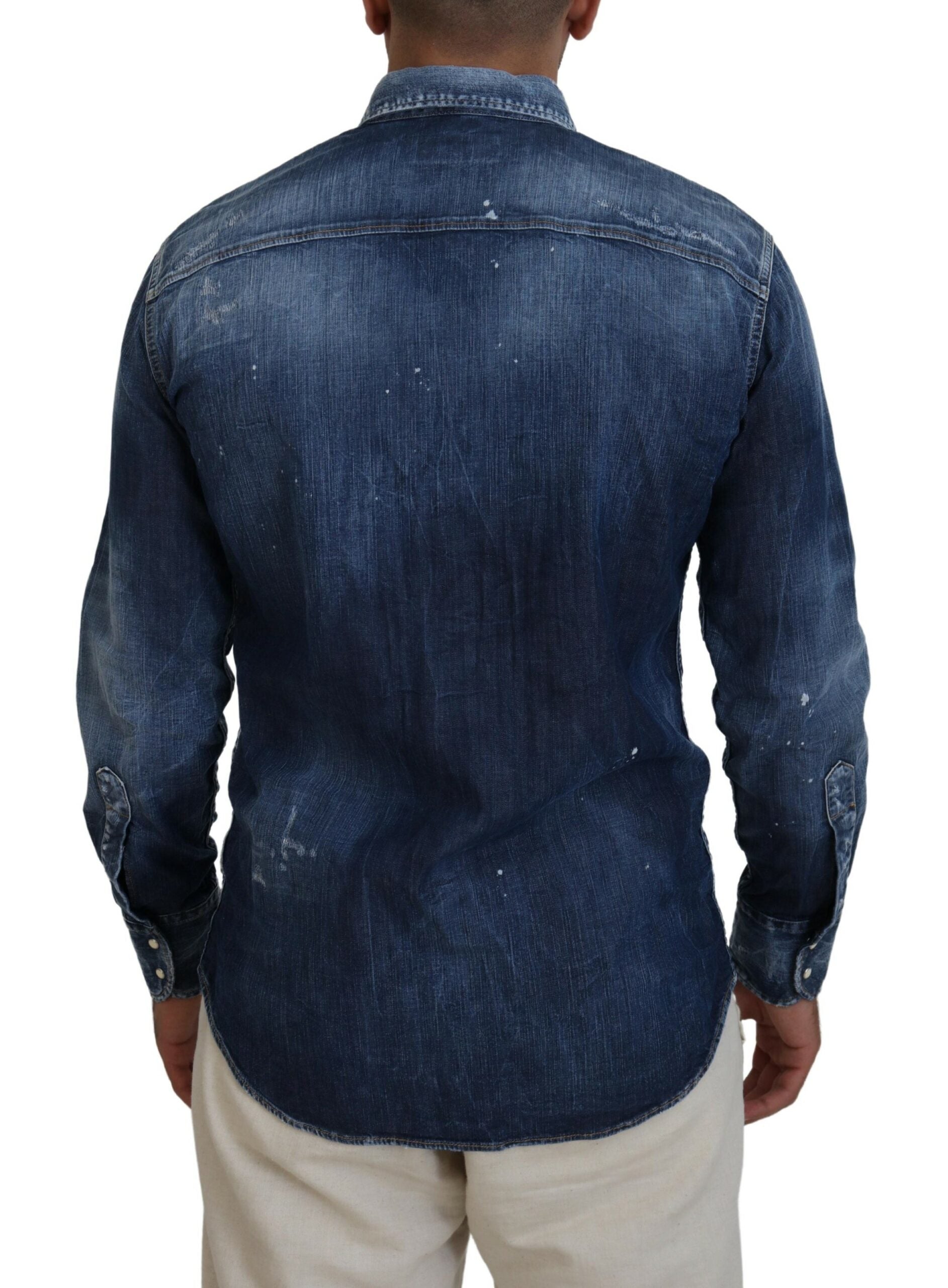 Dsquared² Blue Washed Collared Men Casual Long Sleeves Shirt