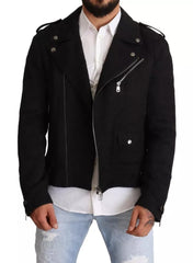 Dolce & Gabbana Black Brocade Full Zip Biker Coat Jacket