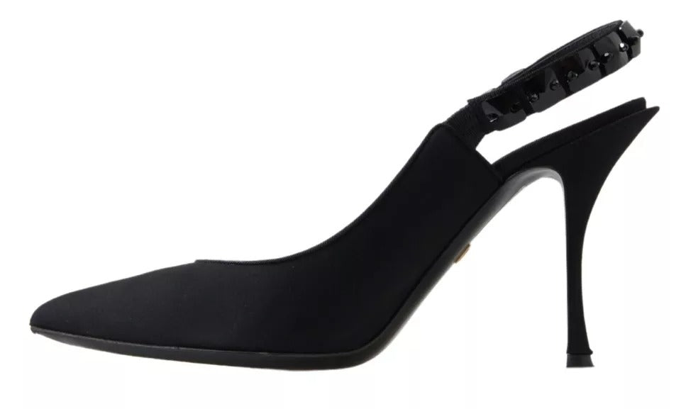 Dolce & Gabbana Black Embellished Charmeuse Slingback Heels Shoes