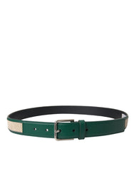 Dolce & Gabbana Green Beige Leather Weaved Metal Buckle Belt