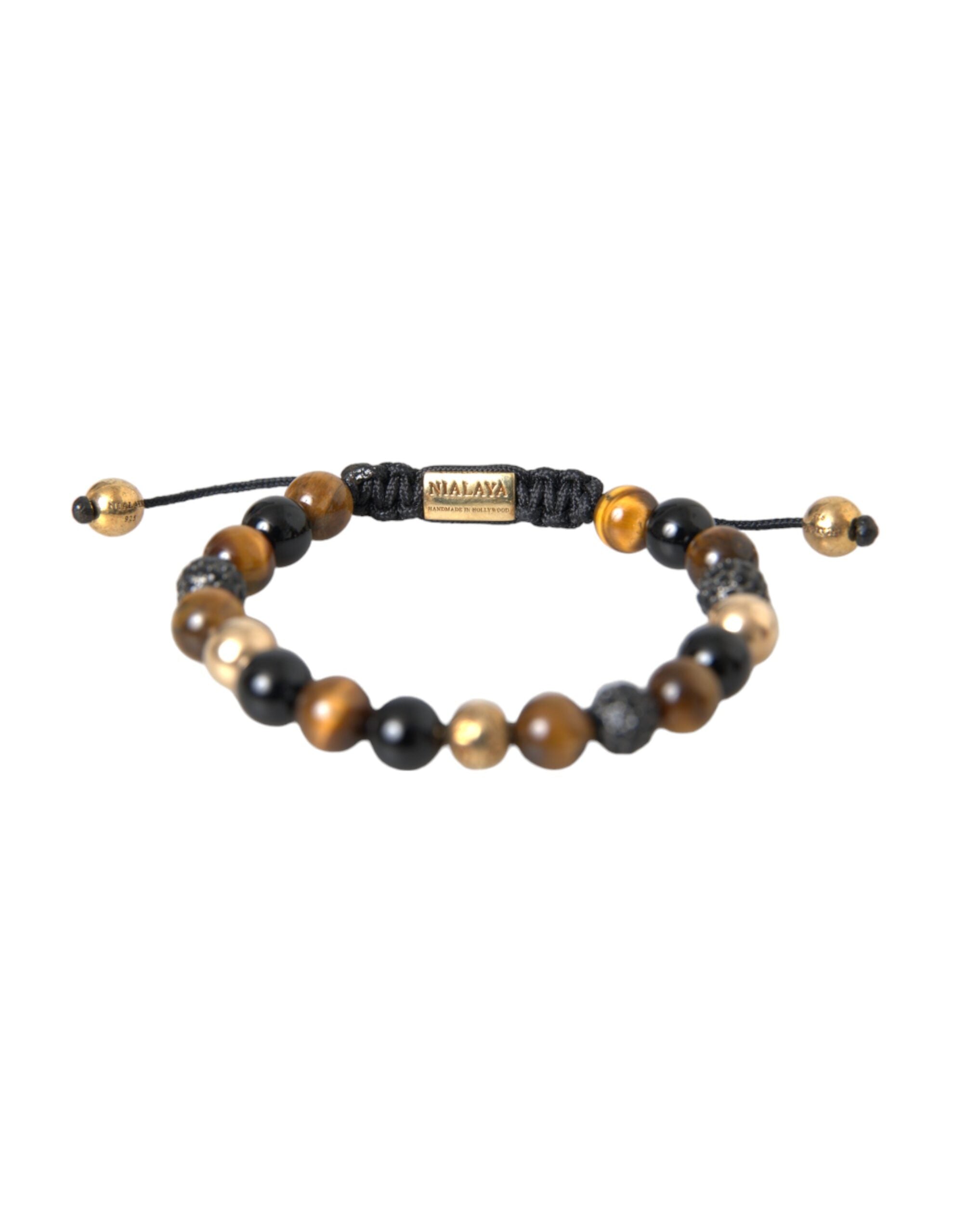 Nialaya CZ Ball Tiger Eye Stone Copper Beaded Men Bracelet