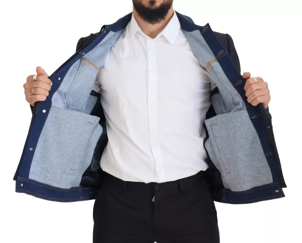 Dolce & Gabbana Blue Striped Double Breasted Denim Blazer