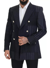 Dolce & Gabbana Blue Wool Patchwork Double Breasted Blazer