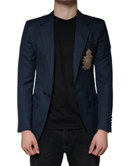 Dolce & Gabbana Blue Wool Logo Single Breasted Coat Blazer