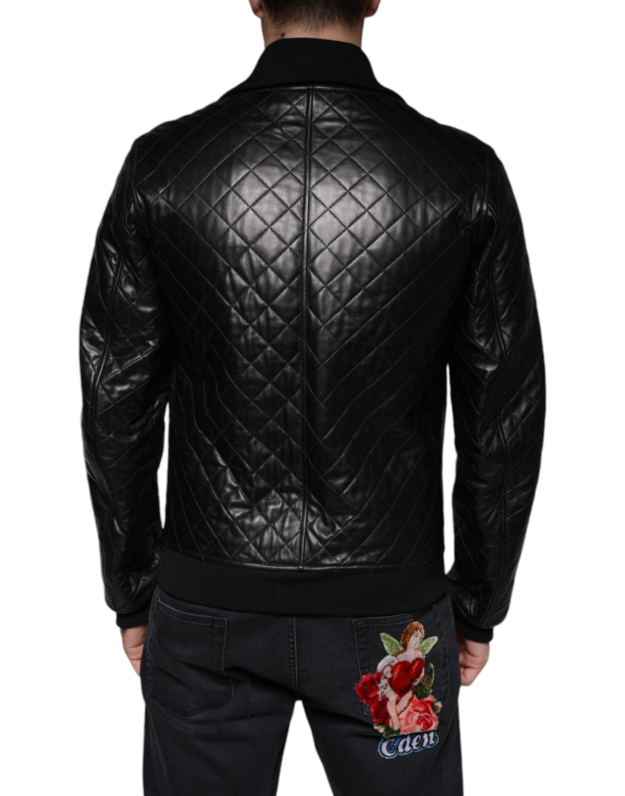 Dolce & Gabbana Black Calf Leather Quilted Full Zip Jacket